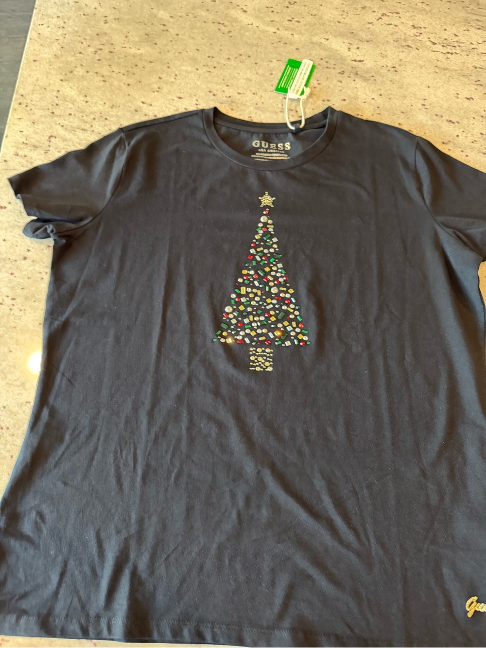 Guess Black Tee with Jeweled Christmas Tree